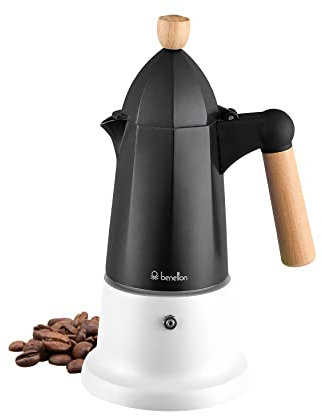 UNITED COLORS OF BENETTON. Black & White | Caffettiera | Capacità 6 tazze | Alluminio | Manico e Pomello in Legno di Faggio | Caffettiera Manuale | Morbida al Tatto