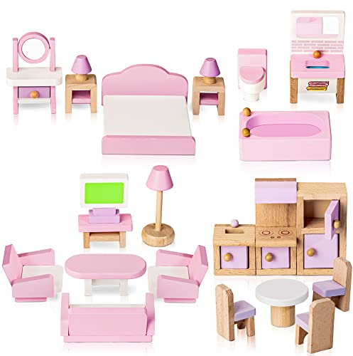 Puppenhaus Möbel Set Holz 5 Zimmer Kit 22 Stück Miniatur Puppenhaus Holzmöbel Zubehör, einschließlich Küche, Esszimmer, Wohnzimmer, Schlafzimmer, Badezimmer für Spielhaus