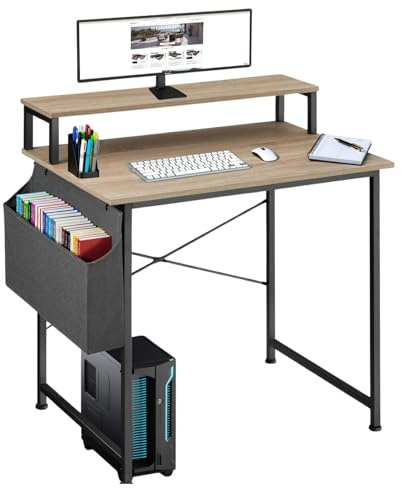 tectake® Computer Desk with Built-in Monitor Stand & Side Storage Bag, Home Office Desk with Sturdy Steel Frame & Wooden Tabletop, Ideal Living Room & Study Table, 80 x 55 x 90 cm - Light Wood