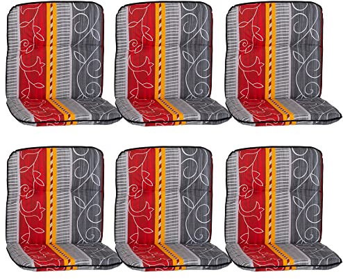 NYVI Niedriglehner Auflagen Hawaii 6er Set - 96x47 cm Grau Rot Gelb Ranke - Gartenmöbel Auflage mit 5 cm Polster und Gummi-Halteband