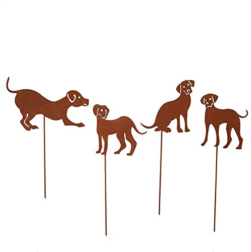 UNUS Edelrost Gartenstecker 4er Set Hund, Gartendeko mit Rost-Optik, Rost Deko aus Metall für Garten, Terrasse, Balkon, Blumentopf, wetterfest und langlebig