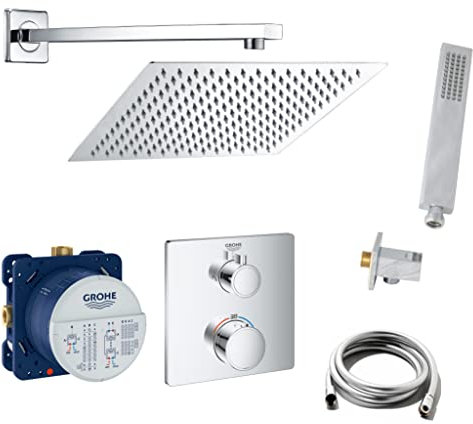 vanvilla Duschsystem mit Unterputz Duscharmatur von Grohe 2-Wege Thermostat Grohtherm und vanvilla Regendusche mit Armatur mit Thermostat, Duschkopf eckig, Dusch-SET G09. poliert