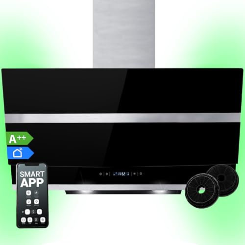 Dunstabzugshaube 90 cm | Kopffreie Wandhaube | Edelstahl | schwarzes Glas | WLAN | Nachlaufautomatik | RGBW-LED-Beleuchtung | SensorTouch Bedienung | HERMES908SM