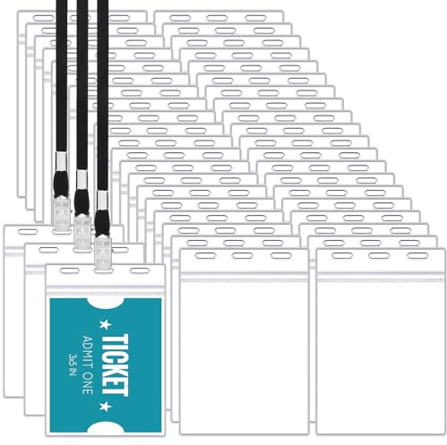 Patelai 60 Pcs 3 x 5 Inch Large Clear ID Badge Holder with Black Lanyard Credential Holder Plastic Credential Badge Sleeves Clear Vertical Sealable Card Protector for Travel