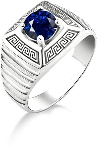 BySilverStone Jewelry Griechische Motive Saphir-Stein-Herrenring Aus Sterlingsilber, Klarer Blauer Saphir-Herrenring Für Freund, Einzigartiger Herrenring, Blauer Stein-Herrenring