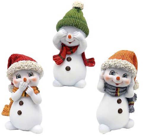 Snöbarn – hör ingenting, se, säger – med mössa och halsduk i orange, grönt och rött, som set om 3, L/B/H 6,3 x 5 x 10,5 cm
