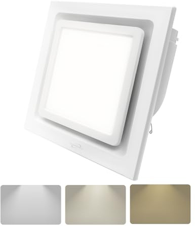 POWERENG Bathroom Exhaust Fan with Light,9.8 in Panel,3000K/4500K/6000K 12W 7.5In Square LED,117 CFM,0.7 Sones 4 Inches Duct 110V,Quiet Ventilation Exhaust Fan for Shower/Home/Office(3-Colour LED)