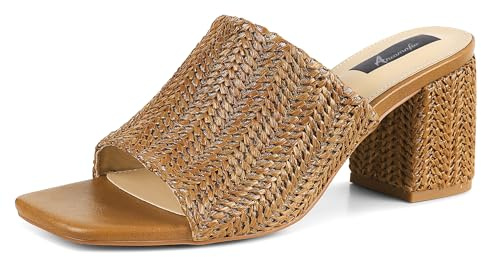 Ancomafio Women's Heeled Sandals Raffia Heels Square Open Toe Sandals Backless Mules Slip On Block Sandals Brown Size 8