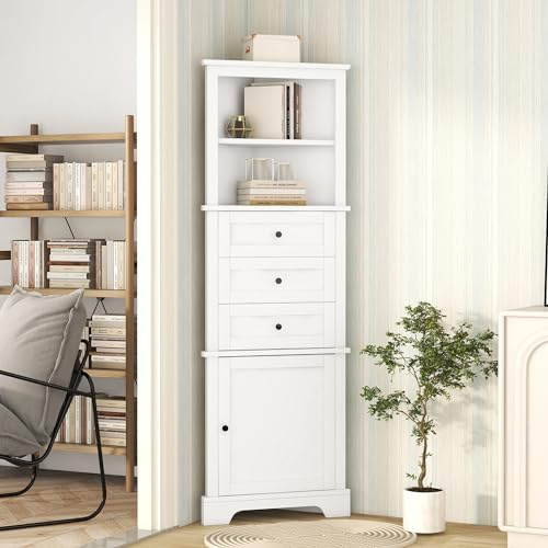 Tall Corner Cabinet with 3 Drawers and Door, Adjustable Shelves, Bathroom Storage Organizer for Living Room or Kitchen, White