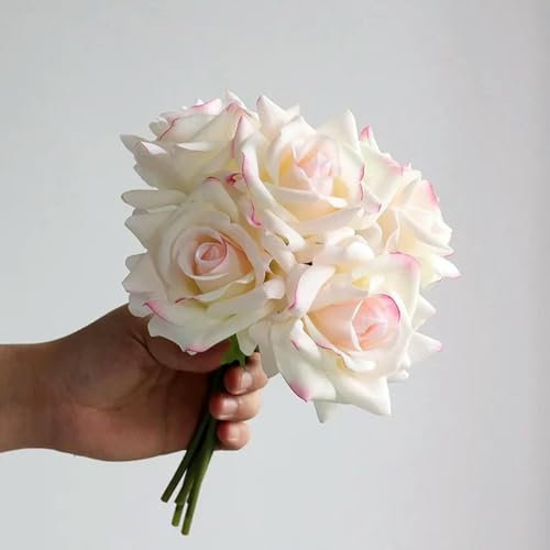 Rosenstrauß mit 5 Köpfen, feuchtigkeitsspendend, fühlt sich echt an, für Hochzeit, Brautstrauß, künstliche Blumen, Zuhause, Party, Veranstaltung, Dekoration, weiß-rosa Rand