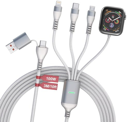 100W Multi Ladekabel mit Apple Watch Ladegerät – 3M 4 in 1 Ladekabel Kompatibel mit Apple Watch, iPhone, Android, iPad und Tablette, mit Lightning, USB C und Micro-USB Anschlüssen
