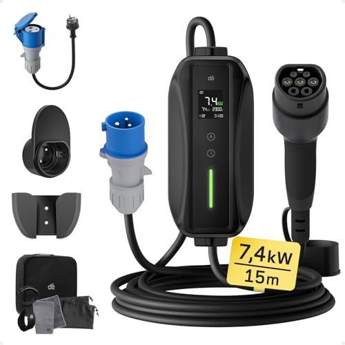 dé elbilsladdare 1 fas [7kW|15 m|8-32A] laddkabel elbil med Justerbar Laddningseffekt, Elbilsladdare IEC standard IP65 EV Laddbox för Elbilar & PHEV