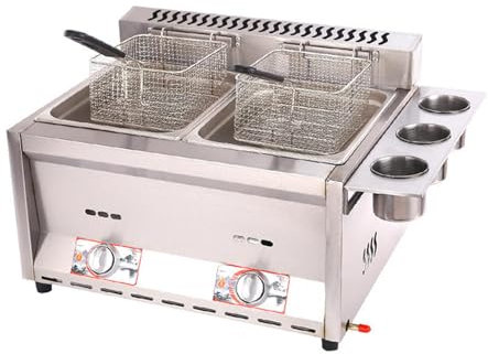 Commercial Countertop LPG Gas Deep Fat Fryer 2x8L Double Tank Deep Fat Fryer Stainless Steel Chip Fryers with Basket and Lid for French Fries Home Kitchen Restaurant