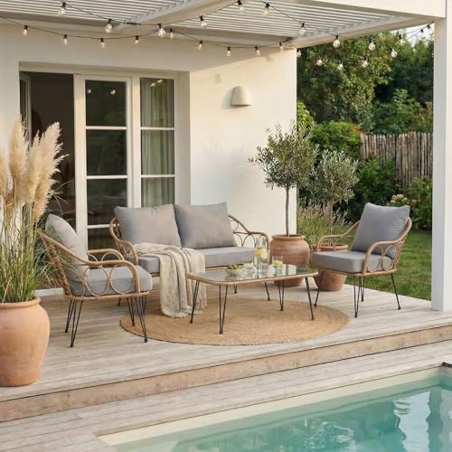 IDIMEX Gartenmöbel Cairo: 2 Sessel, 1 Zweisitzer, 1 Beistelltisch - braun/grau, Loungemöbel Balkon, Rattan-Gartenmöbel, Loungeset