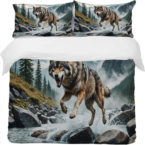 Bettwäsche Set Bettbezug 140x200 Weich Bequem Atmungsaktiv Hypoallergen Mikrofaser Bettbezüge und 2 Kissenbezug, für Teenager-Schlafzimmer-Dekor（Tier Wolf