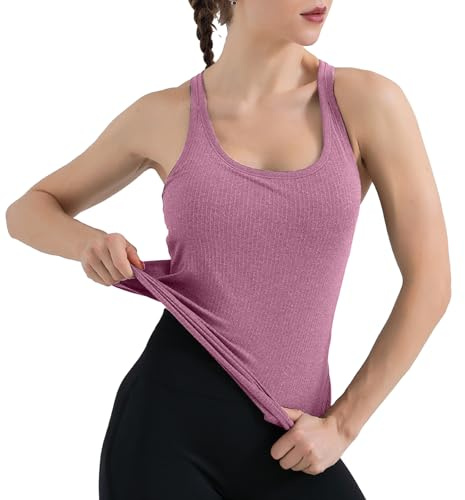 SHEKINI Damsportlinne, topp med integrerad behå utan bygel, ärmlös, ribbad undertröja, bh-skjorta, basic, andas, yoga, fitness, skjorta, sommar, racer, rygg, topp, crop topp, yoga-bh, Beige, S