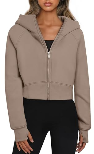 Timuspo Damen Cropped Hoodie Kurz Sweatjacke mit Kapuze Zip Up Kapuzenjacke Fleece-Innenfutter Kapuzenpullover Reißverschluss Herbst Winter Sweatshirt Jacke