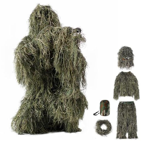 5-Teilige 3D Tarnanzug Camouflage Jagdbekleidung Tarnanzug Herren Einschließlich Jacke,Hose,Kapuze,Tragetasche Airsoft Kleidung Set für Unisex Erwachsene/Jugendliche,ForestGreen-Adults