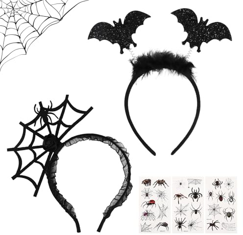 Halloween Haarreif Spinne Fledermaus, Halloween Haarschmuck Fledermaus Spinnen, Kopfschmuck Fledermaus Spinne mit Tattoos für Kinder Damen Kostüm Accessoires zum Halloween Karneval Fasching