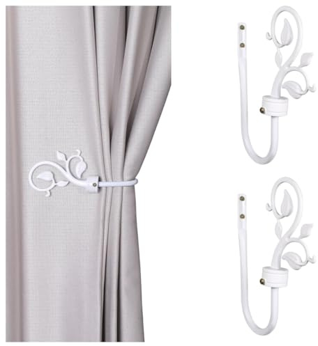 Leaf Shaped Curtain Holdbacks 2pcs, Handmade Metal Curtain Holders for Wall, Antique Brass Curtain Tieback Hook Pull Backs for Drapes Window Home Decoration (White)