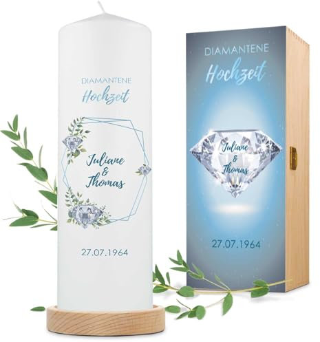 GRAVURZEILE Bedruckte Kerze - Diamantene Hochzeit Design - Personalisiert mit Namen, Datum & Wunschtext - Geschenk für Paare zu 60 Jahre Diamanthochzeit - Hochzeitskerze Stumpenkerze 250/80 mm - Weiß