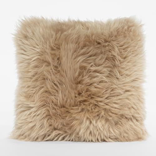 MUCHI OLLENGO – Designkissen aus echtem Lammfell für Stühle, Sofa, Bett, 40x40 cm, Farbe: Hellkamel.