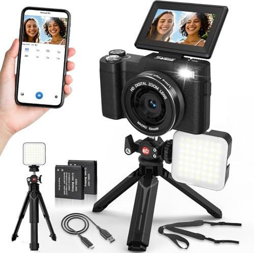 CeezeCam 5K Digital Camera for Photography with WiFi 64MP Vlogging Camera with Flip Screen Compact Digital Cameras with Batteries, Selfie Light, Desktop Tripod