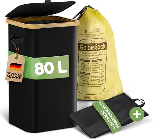 COTTARA Sacco giallo stabile con tasca interna lavabile, contenitore giallo da 80 l, con coperchio e chiusura lampo sul retro, per sacco della spazzatura, colore giallo (nero)