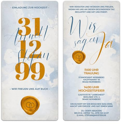 Kartenmachen.de 10-100 Stück personalisierte Hochzeitseinladungen Himmelblau & Gold individuell selbst gestalten DIN Lang hoch (98x210mm) mit abgerundeten Ecken, dickes 300g/qm Papier