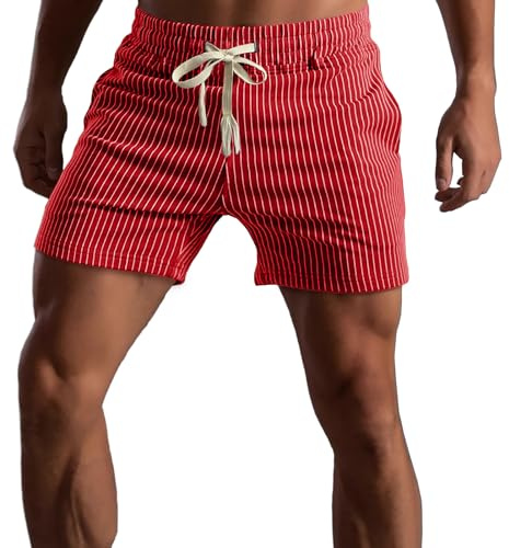 Muscle Cmdr Kurze Hosen Herren Baumwolle,Athletic Gym Shorts Elastische Taille Casual Pyjama Pocket Jogger Men Workout Short Pants 12.7CM Schrittlänge(Rot/M)