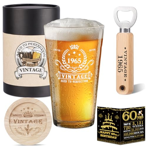 Cadeau Homme 60 Ans, Idee Cadeau Homme 60 Ans 1965 Vintage Verre à Bière, Ouvre - Bouteille en bois, Boîte à Bière Vintage, Sous - Verres En Bois, 60° Carte De Voeux Et Affiche Carte d'Anniversaire