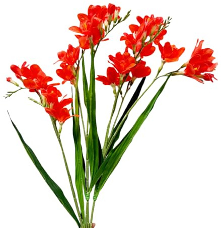 4pcs Orange Freesias Flowers Artificial with Stem,24 Real Touch Flower | Dendrobium Plants Fake Orchid Leaves,Faux Larkspur Flowers for Outdoor Table Garden Party Wedding Bouquet Fillers,Patio Decor