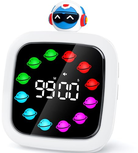 Yunbaoit Minuteur Visuel Enfants, Compte à Rebours Silencieux Rechargeable de 99Min, 9 Présentoir de Couleurs pour planètes, Outil de Gestion du Temps avec Fonction Pause(Robots)