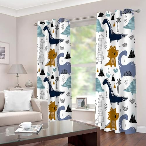 Dinosaurier Vorhänge für Jungen Schlafzimmer Cartoon Dinosaurier süße Tiere Isolierte Thermo Fenstervorhänge mit Ösen Fenstervorhänge mit 3D Druck für Fenster Mädchen, B75 cm x L165 cm x 2 Stück