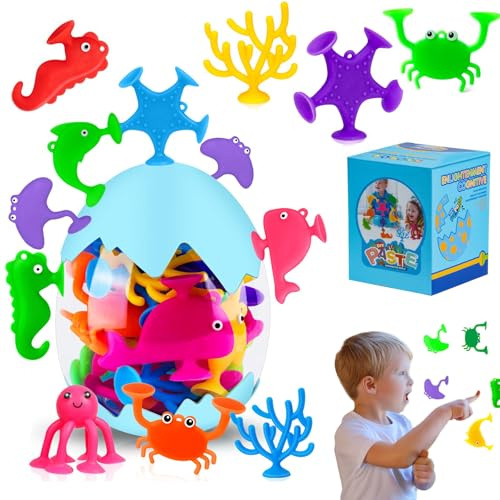 Suction Toys – Silicone Ocean Animal Bath Toys, No Hole Mold-Free Bathtub Toys for Kids Age 1 2 3, Travel-Friendly Sensory Toys with Eggshell Case, Stick-on Window Toy Party Favors