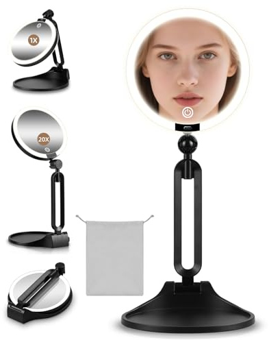 Specchio ingranditore per il trucco illuminato 20X/1X, specchio ingranditore per il trucco bifacciale 1X/20X con 3 luci colorate, specchio ingrandito da tavolo ricaricabile 20X, rotazione a 360°