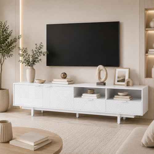 Armario bajo para TV de 200 cm de largo, con 2 puertas y 2 cajones, apto para 90 pulgadas, mesa de televisión con compartimento abierto, armario para salón, dormitorio, 200 x 40 x 51 cm, blanco