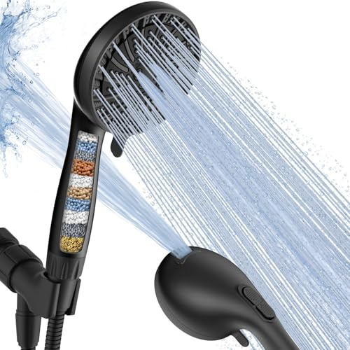 PWERAN Filtered Shower Head with Handheld, High Pressure 8 Spray Showerhead with Filters & Upgraded Detachable Shower Head, Water Softener Filters Beads for Hard Water -Remove Chlorine (Black)