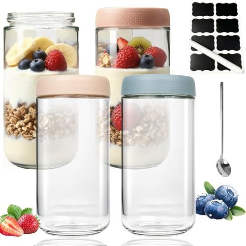 YOYEAH 750 ml 4-pack, lufttäta natthavregrynsbehållare med lock och mätmärken, perfekt för chia-pudding och spannmål
