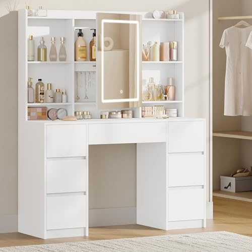 Hzuaneri Dressing Table with Lights, Vanity Desk with Large Led Mirror, Adjustable Brightness, Makeup Desk Vanity Table with 7 Drawers, 4 Shelves for Bedroom, Storage Behind the Mirror, White DT43203X