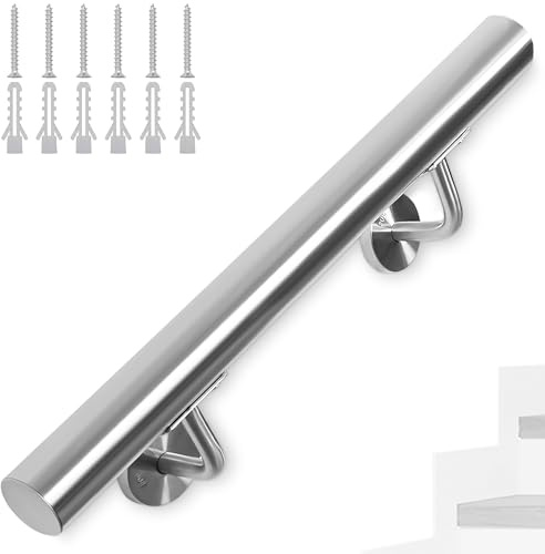 FREEAMG Edelstahl-Handlauf, 50CM Treppengeländer mit 42 mm Durchmesser | Wandmontierter Handlauf mit Wandhalterungen und Befestigungselementen, Geländer für Innen/Außenbereich