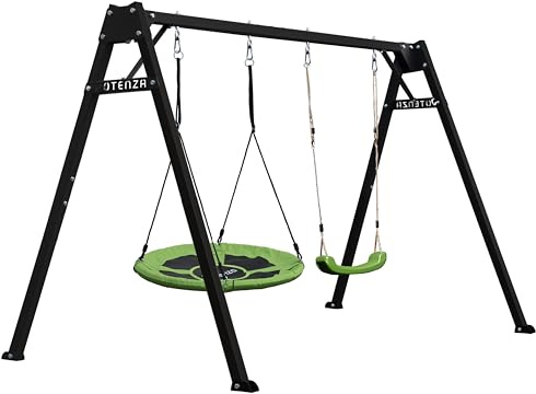 Potenza Kinderschaukel Verzinktes Schaukelgestell Metall Doppelschaukel für Kinder und Hängematte Gartenschaukel bis 200 kg belastbar Schaukelgerüst 250x207 cm (Basic Schwarz + Grünes Set)