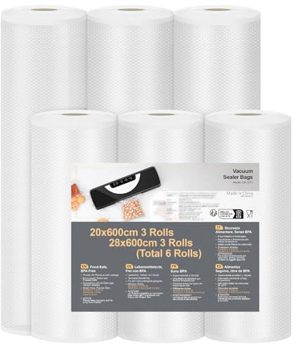 Bolsas Vacio Alimentos sin BPA, 6 Rollos Envasadora al Vacio 20/28 x 600 cm | Diseño Antidesgarro, Aptas para Envasadora, Microondas y Sous Vide, Conservan Frescura y Nutrientes, Reutilizables