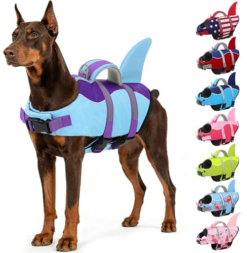 AOFITEE Dog Life Jacket Shark Large Dog Safety Vestfor Swimming Boating, L | Reflective Dog Life Jackets with Rescue Handle & Leash Ring, Adjustable Dog Lifesaver Swim Vest for Pool Beach Lake, Blue
