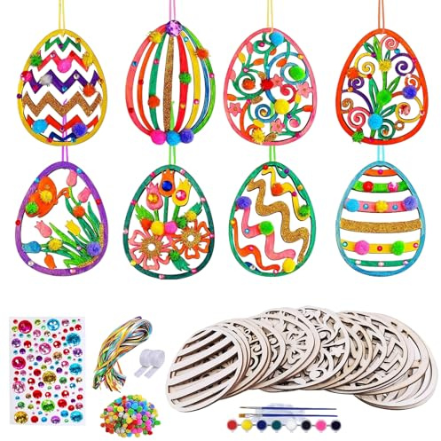 KLINNA 109 Stück Ostereier zum Bemalen, Bastelsets Holzanhänger für Oster Basteln, DIY Holz Deko mit Pompons, Schnur Strass, Kreative Anhänger Ostern Dekoration Set Bunt Anhänger, Festliche Motive