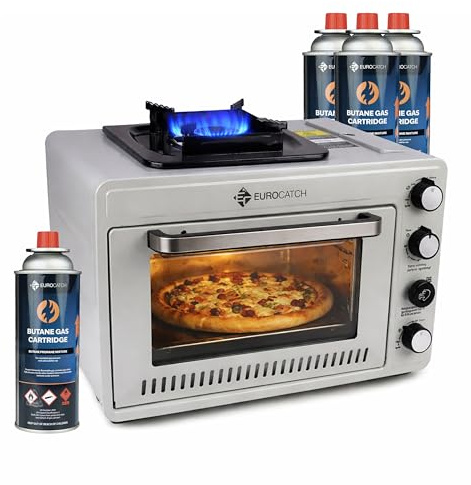 Eurocatch bärbar gasugn med 227 g gaspatroner – Campingugn 25,2 liter – 2,1 kW – Elektronisk tändning – För utomhus- och hemmabruk – Inkl. 4 gaspatroner