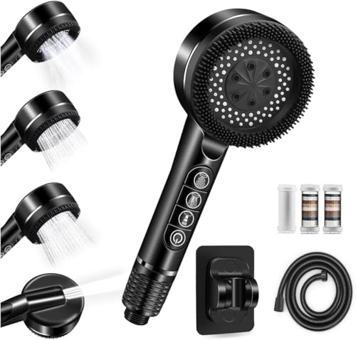 High Pressure Shower Heads, Hard Water Filter Shower Head with 1.5m Shower Hose and Shower Stand, 4 Mode Power Shower Head with Pause Switch, Shower Pro Head Showerhead with Water Black