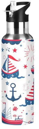 Qilmy Sailboat Sport Water Bottle with Straw Lid Vacuum Insulated Stainless Steel Thermo Flask Abstact Bird Floral Water Bottle 20 oz