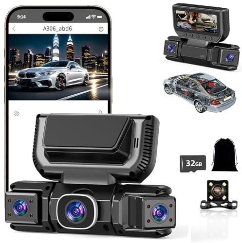 Caméra Embarquée 4 Canaux avec Wi-FI Et Vision Nocturne, Dashcam Voiture sans Fil, Vision À 360°, Ultra Grand Angle 170°,Enregistrement en Boucle Caméra Embarquée, 24h Mode Parking (A,4 Canaux)