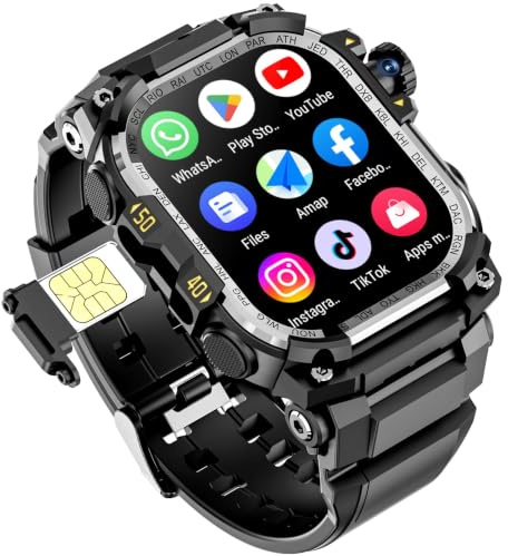 Mingtawn 4G-SIM-Karten-Android-Smartwatch mit GPS & WLAN, Militär-Outdoor-Uhr für Herren, App-Download möglich, 2,06″ AMOLED-Großbildschirm für Videochats, HD-Kamera mit 180°-Drehfunktion (Schwarz)